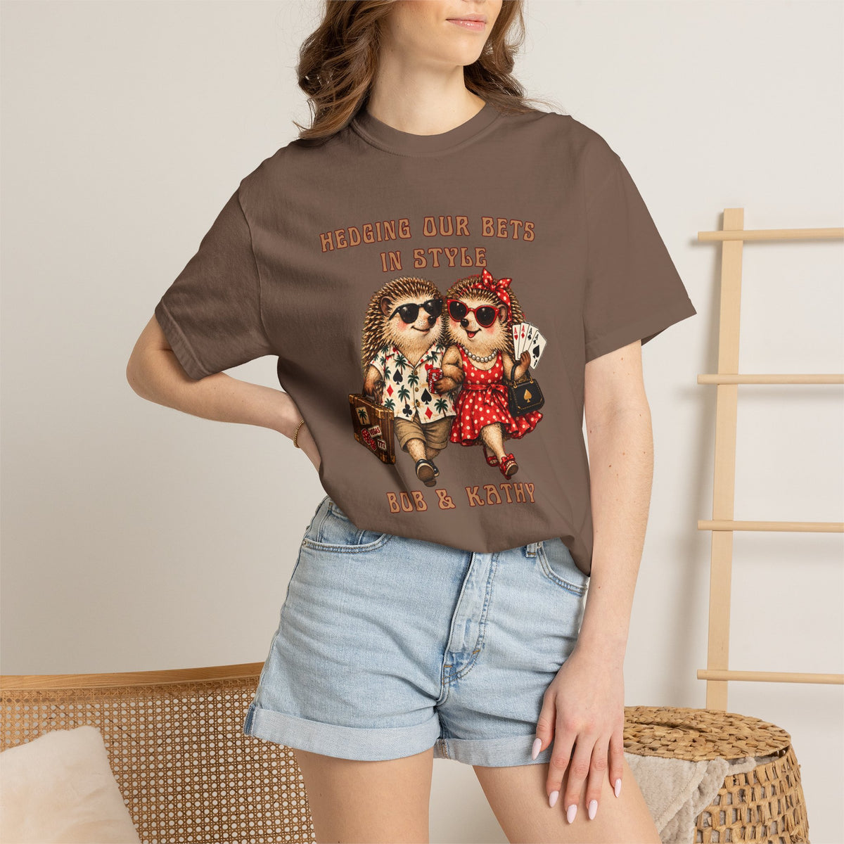 Woman modeling Hedging Our Bets in Style casino shirt with illustrated hedgehog couple and personalized names.