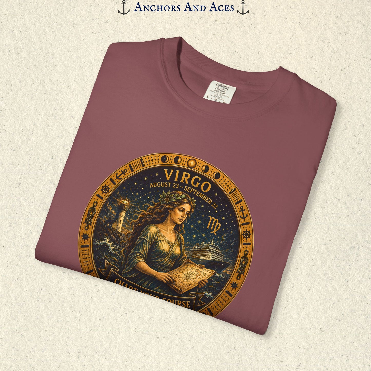 Folded Virgo Zodiac Shirt close-up showing the Virgo maiden celestial medallion front graphic.