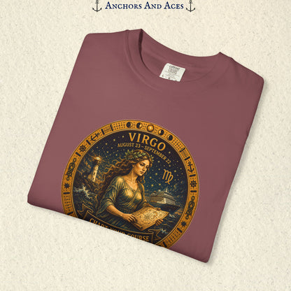 Folded Virgo Zodiac Shirt close-up showing the Virgo maiden celestial medallion front graphic.