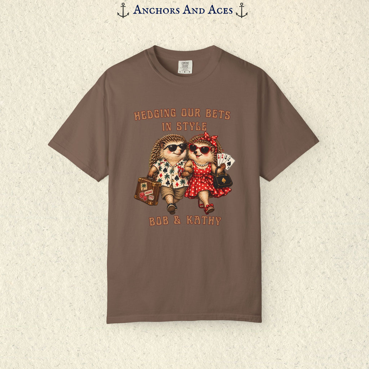 Personalized hedgehog gambling graphic tee with casino couple artwork, travel suitcase, playing cards, and Bob & Kathy custom text.