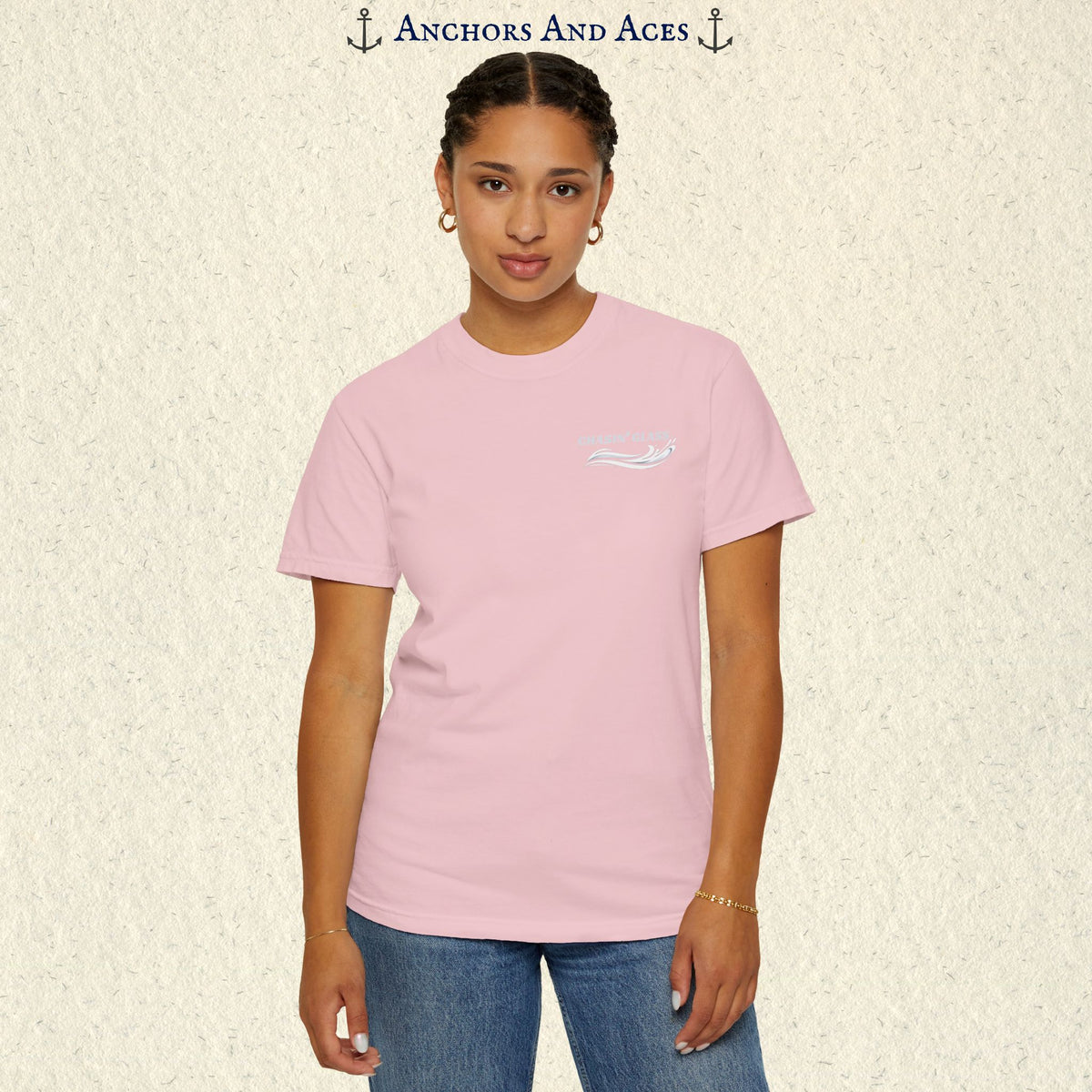 Model wearing a Blossom Comfort Colors 1717 water ski t-shirt from the front, showing the small white Chasin' Glass water-splash logo on the left chest.