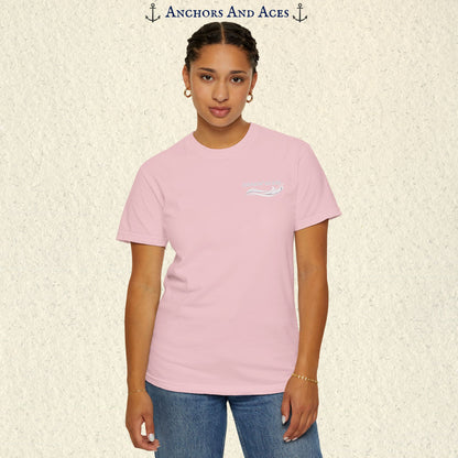 Model wearing a Blossom Comfort Colors 1717 water ski t-shirt from the front, showing the small white Chasin' Glass water-splash logo on the left chest.