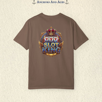 Espresso Slot King T-shirt with a large crowned 777 slot machine design printed on the back.