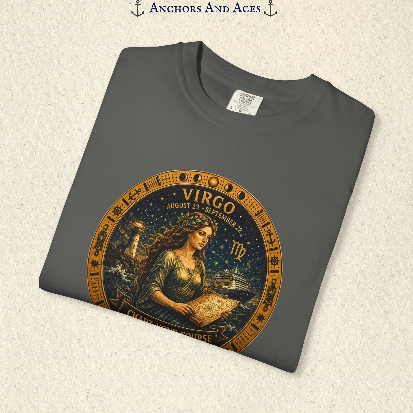 Folded Virgo Zodiac Shirt close-up showing the Virgo maiden celestial medallion front graphic.