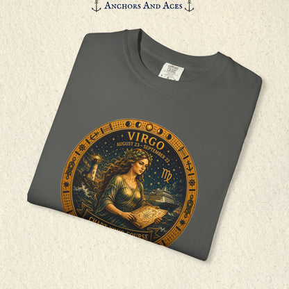 Folded Virgo Zodiac Shirt close-up showing the Virgo maiden celestial medallion front graphic.
