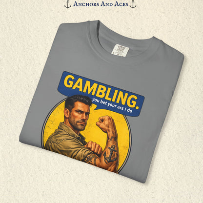 Folded Granite funny gambling T-shirt showing the retro strongman flexing beneath bold GAMBLING text.
