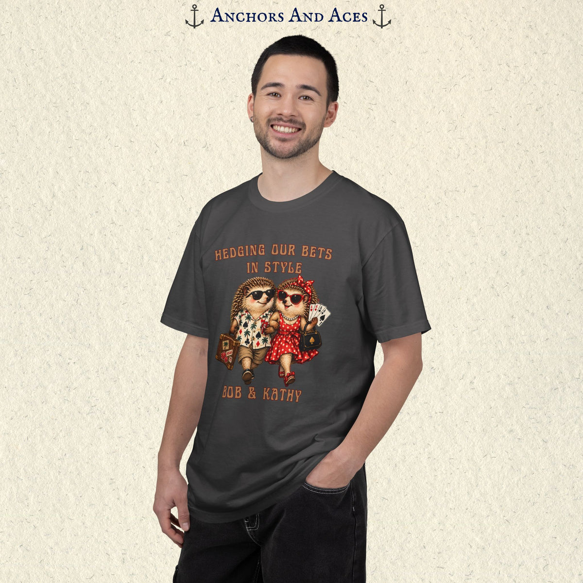 Man wearing Hedging Our Bets in Style casino graphic tee with vintage-inspired hedgehog couple and custom text.
