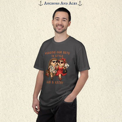 Man wearing Hedging Our Bets in Style casino graphic tee with vintage-inspired hedgehog couple and custom text.