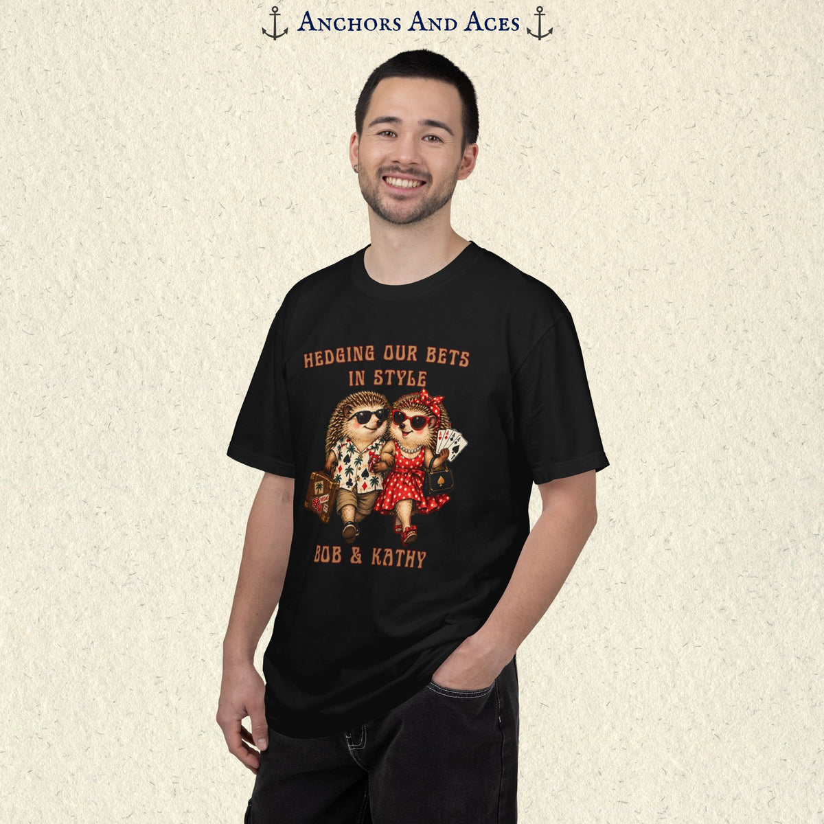 Man modeling personalized gambling shirt with illustrated hedgehog couple, casino travel details, and custom names.