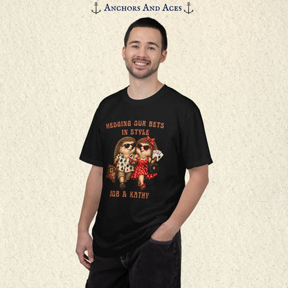 Man modeling personalized gambling shirt with illustrated hedgehog couple, casino travel details, and custom names.