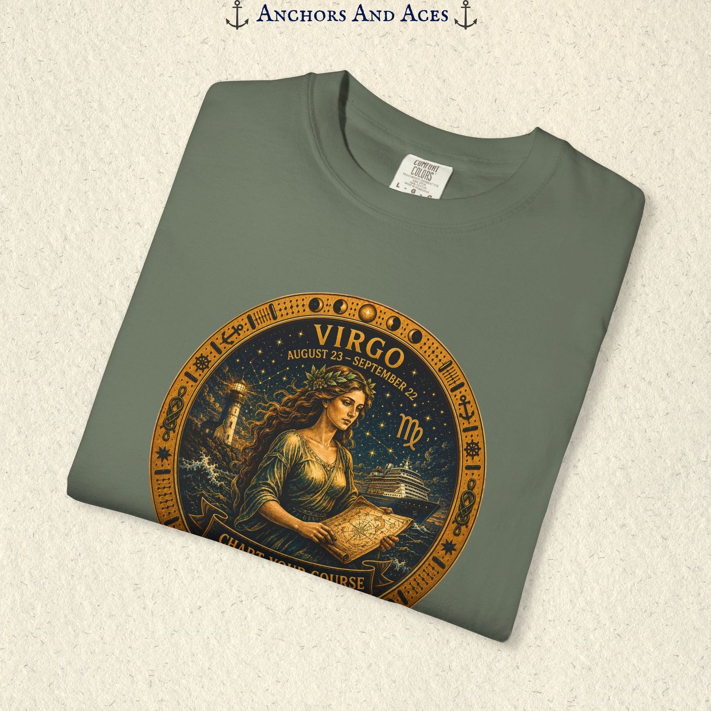 Folded Virgo Zodiac Shirt close-up showing the Virgo maiden celestial medallion front graphic.