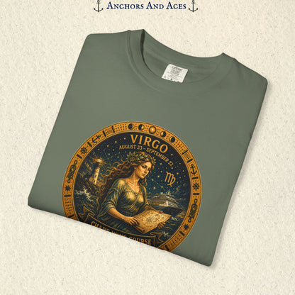 Folded Virgo Zodiac Shirt close-up showing the Virgo maiden celestial medallion front graphic.