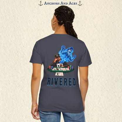 Model wearing RIVERED Texas Hold'em poker graphic tee back view featuring a player at a poker table with playing cards, poker chips, and an electric blue soul rising from his body after a bad beat on the river.  Comfort Colors 1717