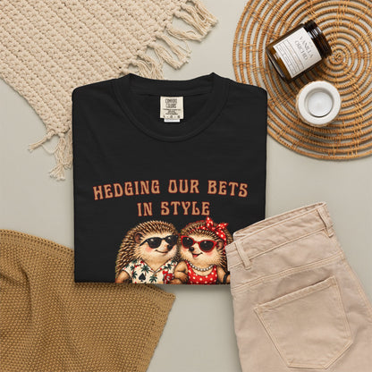 Matching casino couples graphic tee shown folded with vintage-inspired hedgehogs and personalized wording beneath the artwork.
