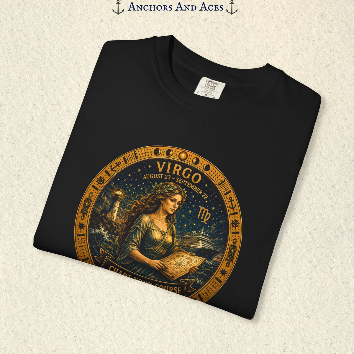 Folded Virgo Zodiac Shirt close-up showing the Virgo maiden celestial medallion front graphic.