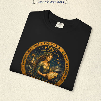 Folded Virgo Zodiac Shirt close-up showing the Virgo maiden celestial medallion front graphic.