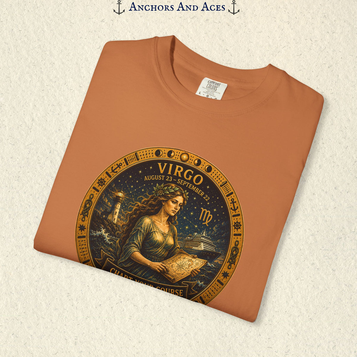 Folded Virgo Zodiac Shirt close-up showing the Virgo maiden celestial medallion front graphic.