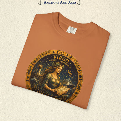 Folded Virgo Zodiac Shirt close-up showing the Virgo maiden celestial medallion front graphic.