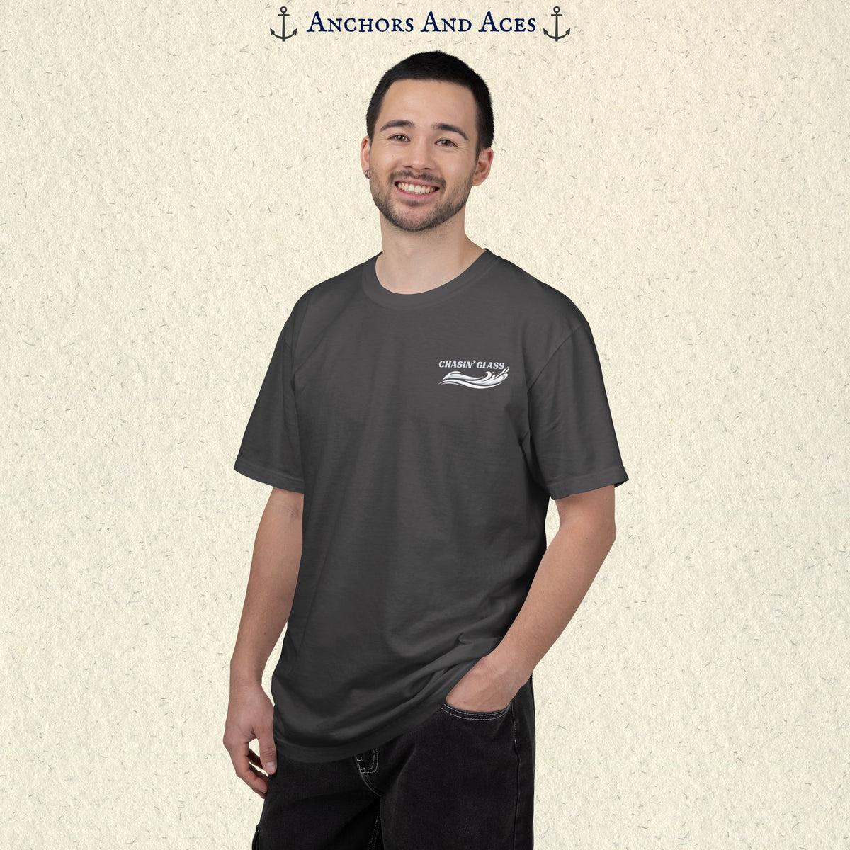 Model wearing a Blue Jean T-shirt from the front, showing the small white Chasin' Glass water splash logo on the left chest.