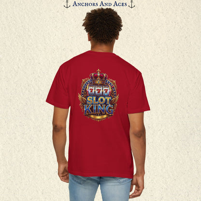 Man wearing a Red Slot King T-shirt with the crowned 777 slot machine artwork on the back.