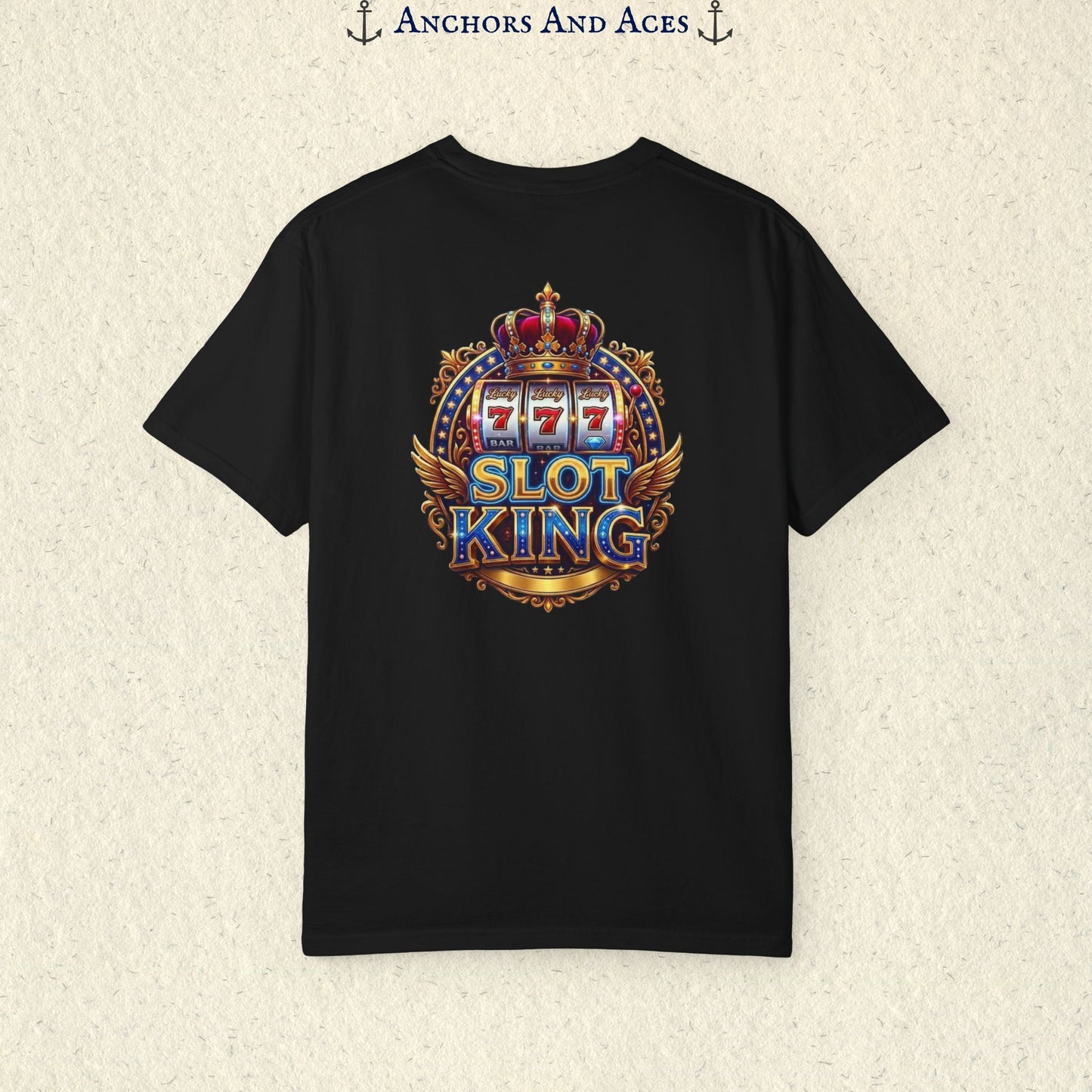 Black Slot King T-shirt with a large crowned 777 slot machine design printed on the back.