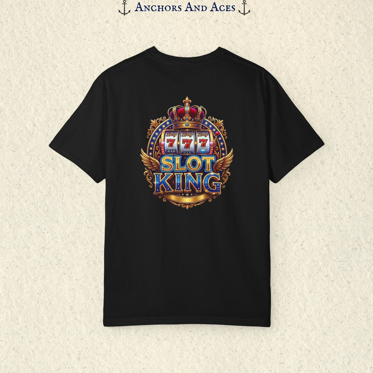 Black Slot King T-shirt with a large crowned 777 slot machine design printed on the back.