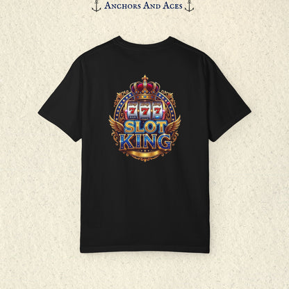 Black Slot King T-shirt with a large crowned 777 slot machine design printed on the back.