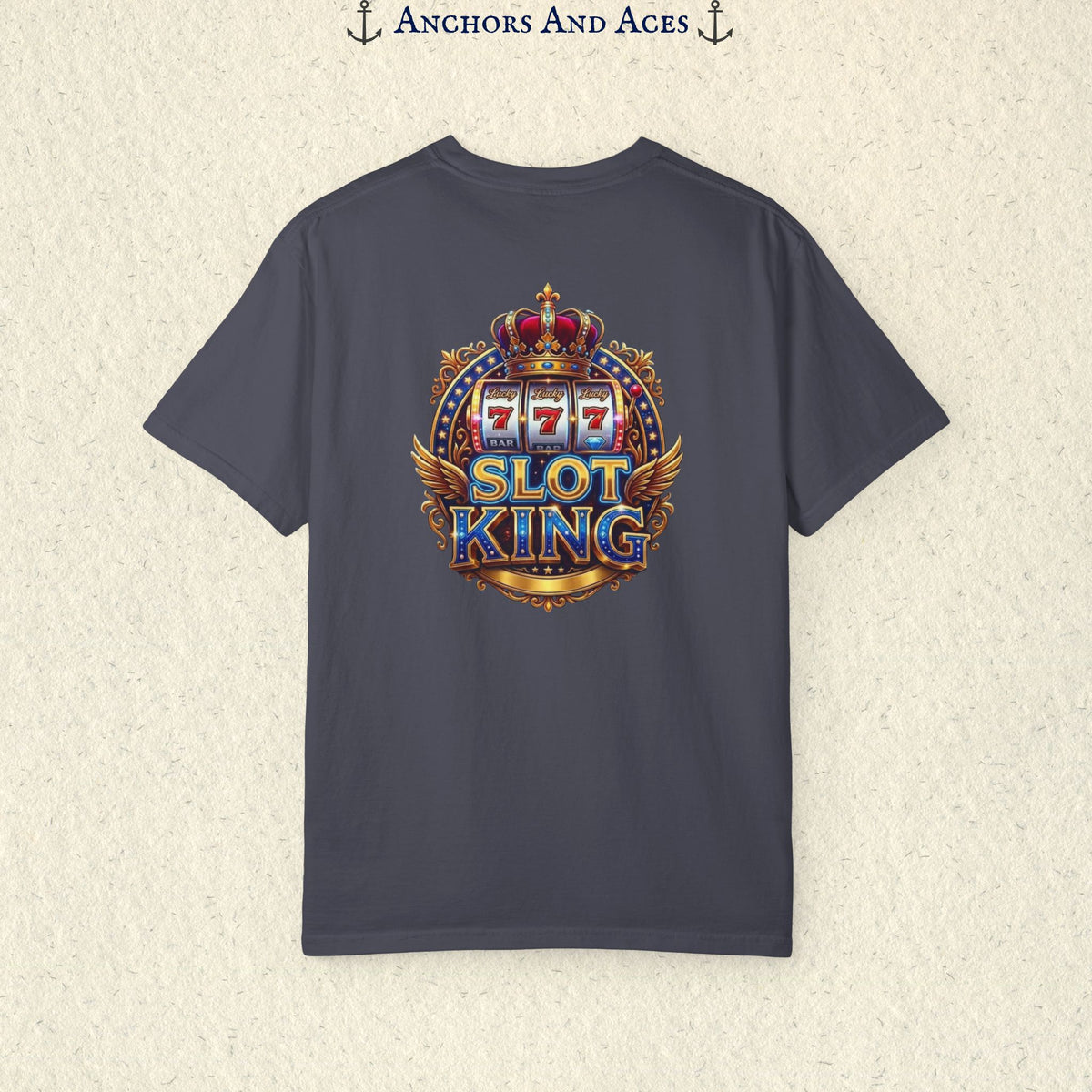 Navy Slot King T-shirt with a large crowned 777 slot machine design printed on the back.