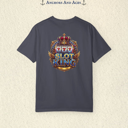 Navy Slot King T-shirt with a large crowned 777 slot machine design printed on the back.