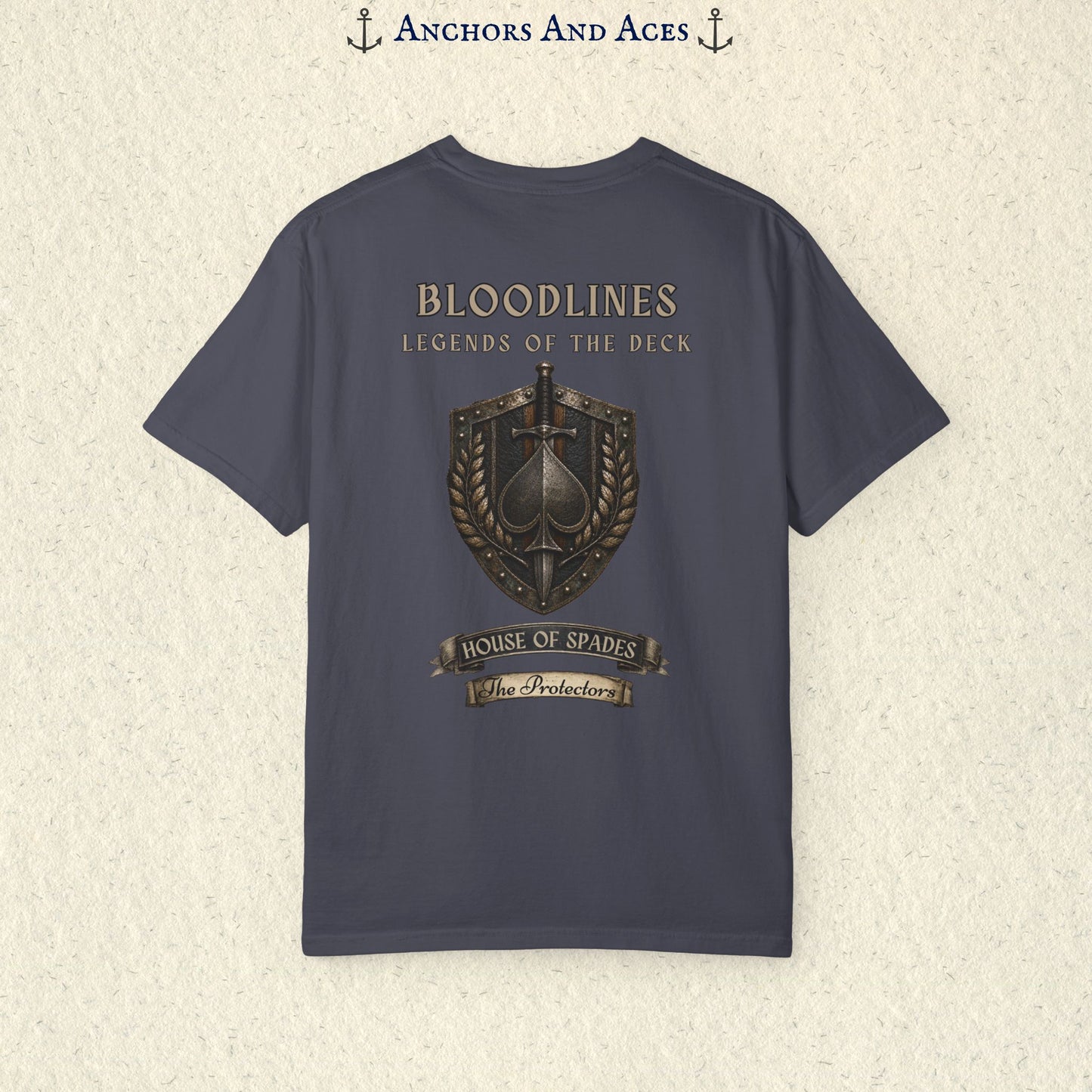 Back view of House of Spades graphic tee featuring the full-size Protectors heraldic crest and playing card spade symbol.