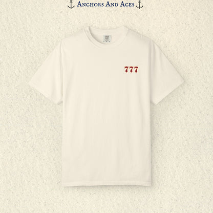 Ivory Lucky 777s T-shirt with colorful vintage casino jackpot artwork and Lucky 7s design printed on the back.