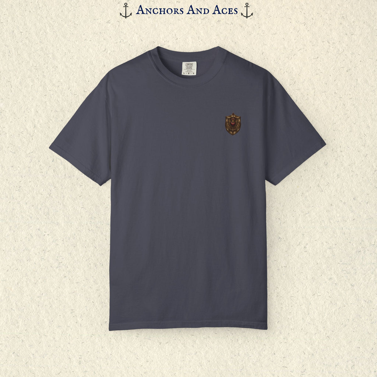 Front view of House of Hearts playing card shirt showing the small coordinating House crest on the chest.