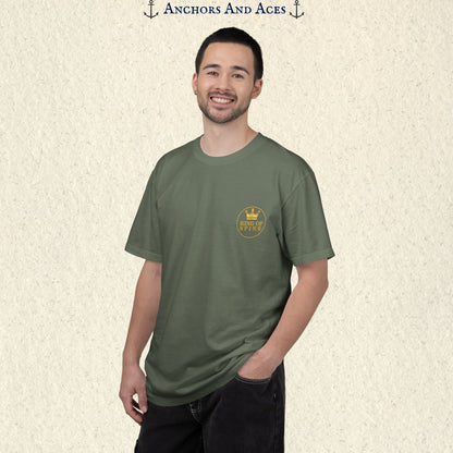 Man wearing a Moss Slot King T-shirt with the small gold King of Spins emblem on the front.
