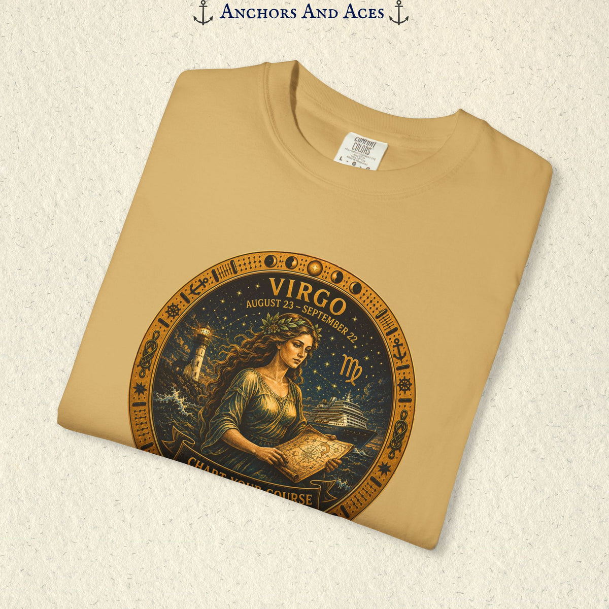 Folded Virgo Zodiac Shirt close-up showing the Virgo maiden celestial medallion front graphic.