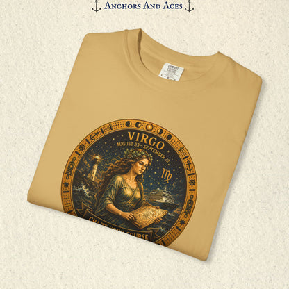 Folded Virgo Zodiac Shirt close-up showing the Virgo maiden celestial medallion front graphic.