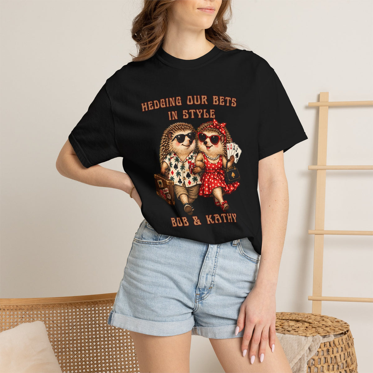 Woman modeling personalized casino trip shirt with vintage-inspired hedgehog couple artwork and custom wording.