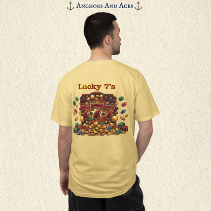 Model wearing a Butter Lucky 777s T-shirt with colorful vintage casino jackpot artwork and Lucky 7s design on the back.