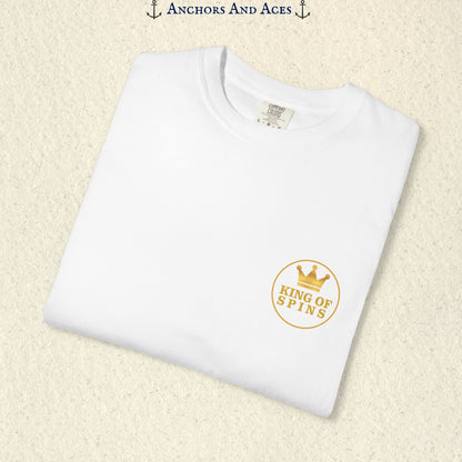 Folded White Slot King T-shirt showing the small gold King of Spins chest emblem.