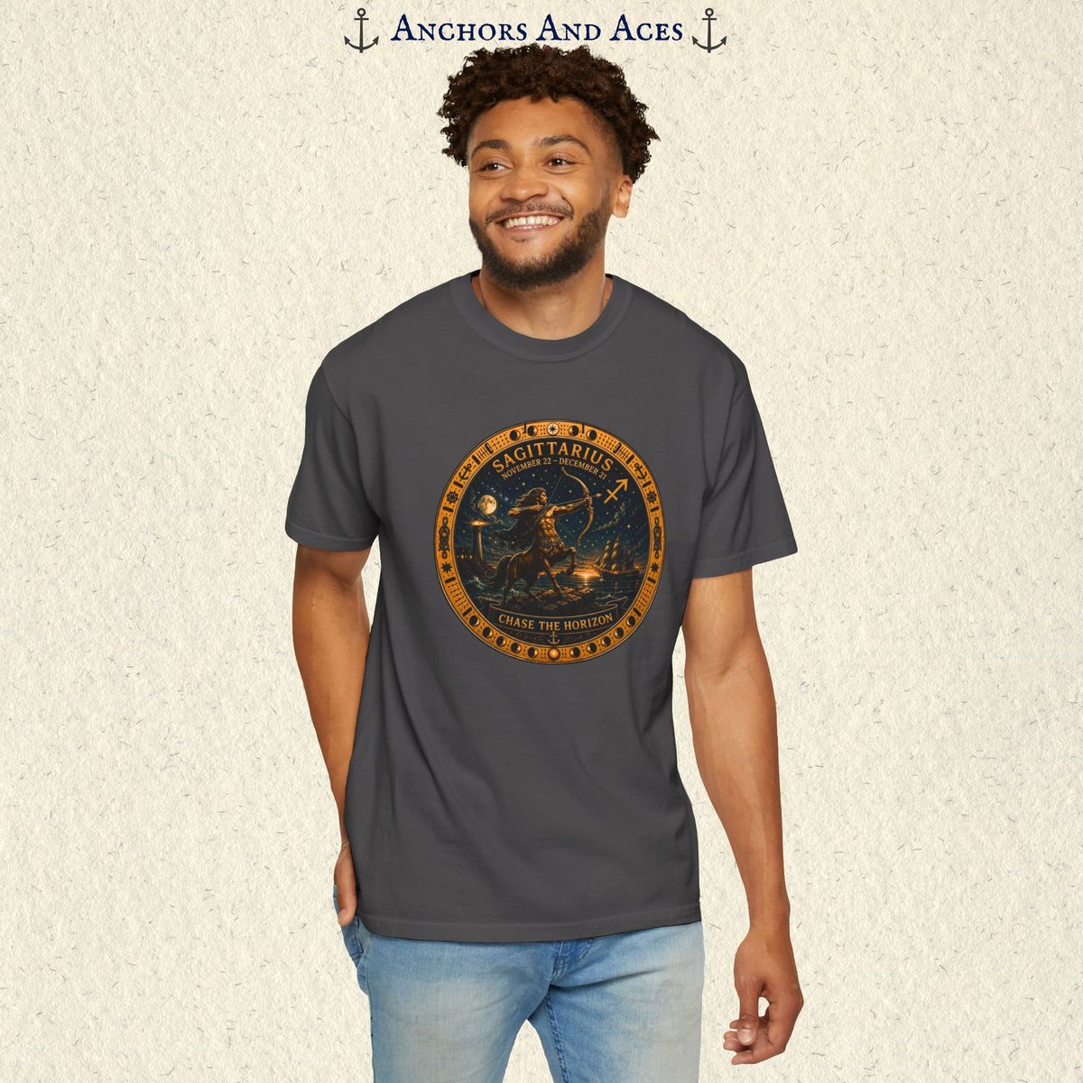 Male model standing wearing the Sagittarius Zodiac Shirt featuring the celestial medallion and Sagittarius archer artwork.