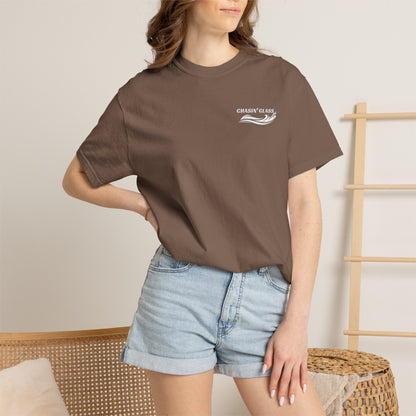 Model wearing a Espresso T-shirt from the front, showing the small white Chasin' Glass water splash logo on the left chest.