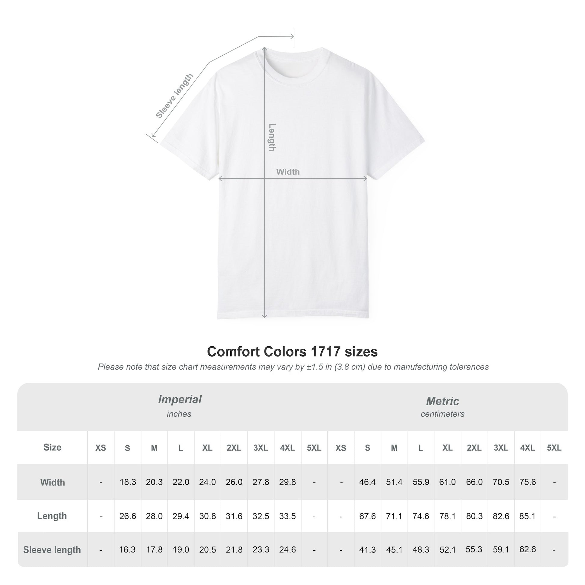 Comfort Colors 1717 T-shirt size chart with garment measurements for Lucky 777s.