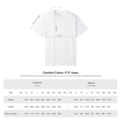 Comfort Colors 1717 T-shirt size chart with garment measurements for Lucky 777s.