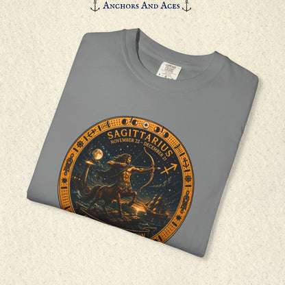 Folded Sagittarius Zodiac Shirt close-up featuring the centaur archer and detailed zodiac medallion print.