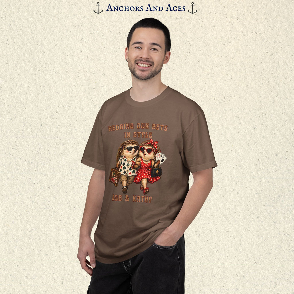 Man modeling custom hedgehog casino shirt featuring a dressed-up gambling couple and personalized wording.