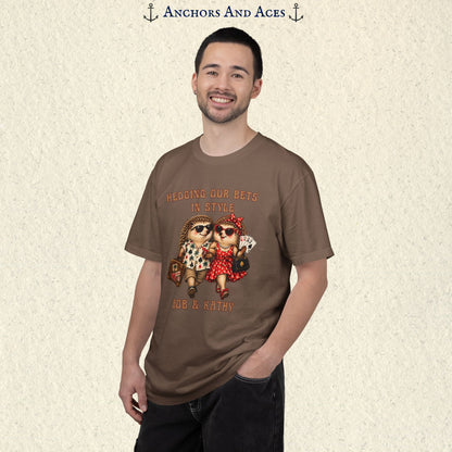 Man modeling custom hedgehog casino shirt featuring a dressed-up gambling couple and personalized wording.