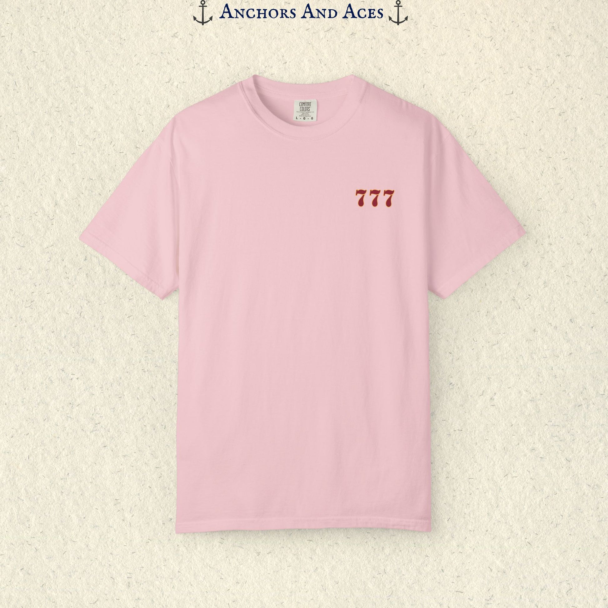 Blossom Lucky 777s T-shirt showing the small red 777 casino emblem printed on the front chest.