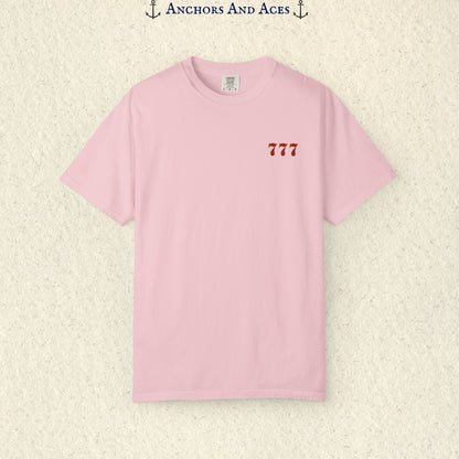 Blossom Lucky 777s T-shirt showing the small red 777 casino emblem printed on the front chest.