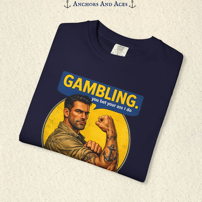 Folded True Navy funny gambling T-shirt showing the retro strongman flexing beneath bold GAMBLING text.