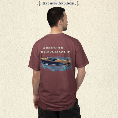Model wearing a Brick classic wooden boat T-shirt from the back, featuring a vintage runabout on reflective blue water with Ready to Runabout text.