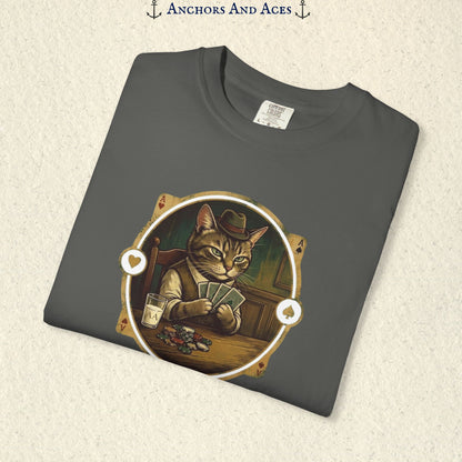 Folded vintage poker cat shirt showing the card-playing cat, poker chips, and retro casino artwork.